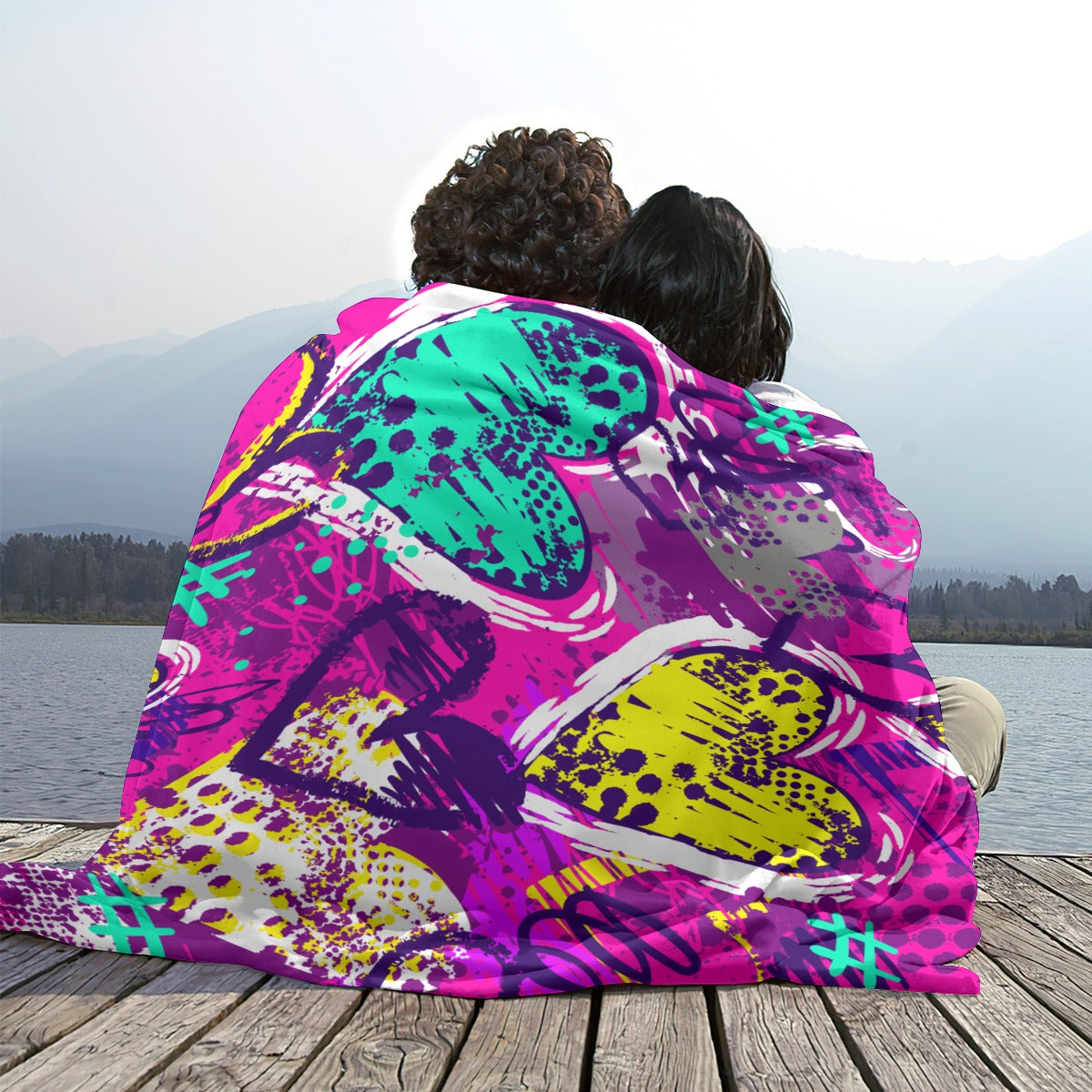 Ptahra Bright Pink/Purple Multi-Color Heart Pattern Single-Side Flannel Blanket