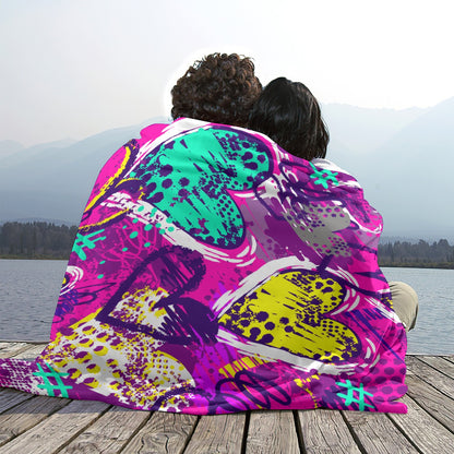 Ptahra Bright Pink/Purple Multi-Color Heart Pattern Single-Side Flannel Blanket
