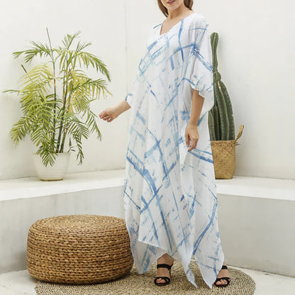 Ptahra B Women's White/Blue Line Pattern Imitation Silk V-neck Kaftan Robe