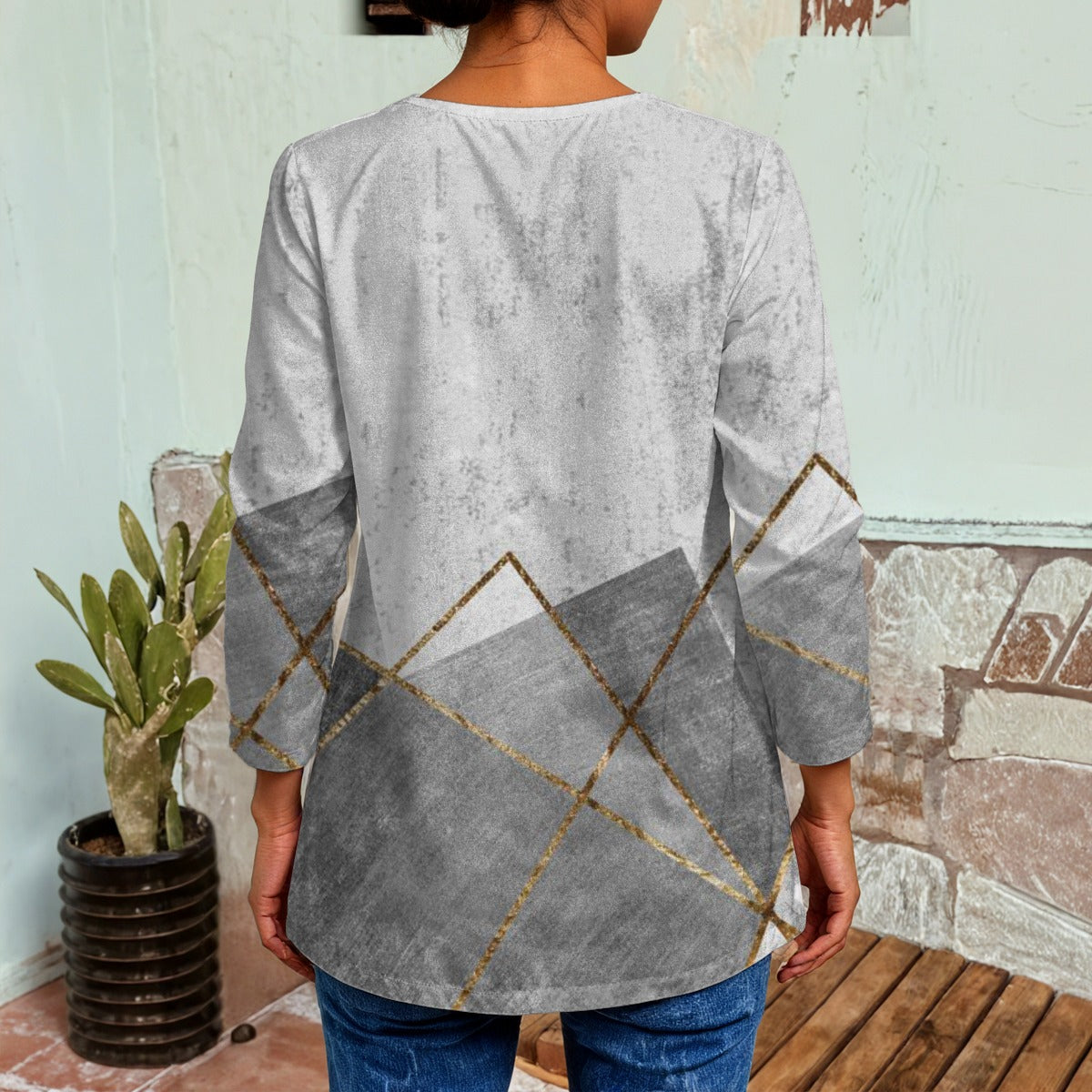 Ptahra B Women's Grey/Gold Line Design Faux Sweater Cardigan