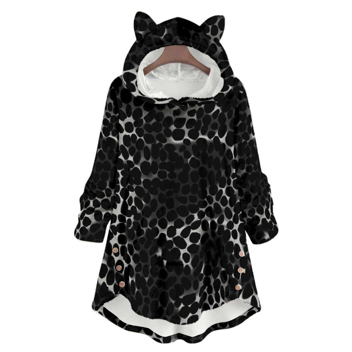 Ptahra Women's Black Leopard Design Flannel Hoodie with Cat Ears