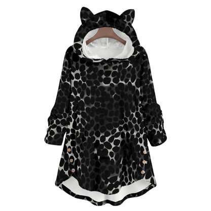 Ptahra Women's Black Leopard Design Flannel Hoodie with Cat Ears