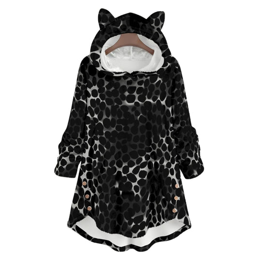 Ptahra Women's Black Leopard Design Flannel Hoodie with Cat Ears