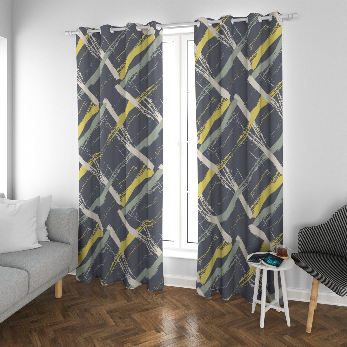 Ptahra Grey/yellow/White Line Pattern Blackout Grommet Curtains