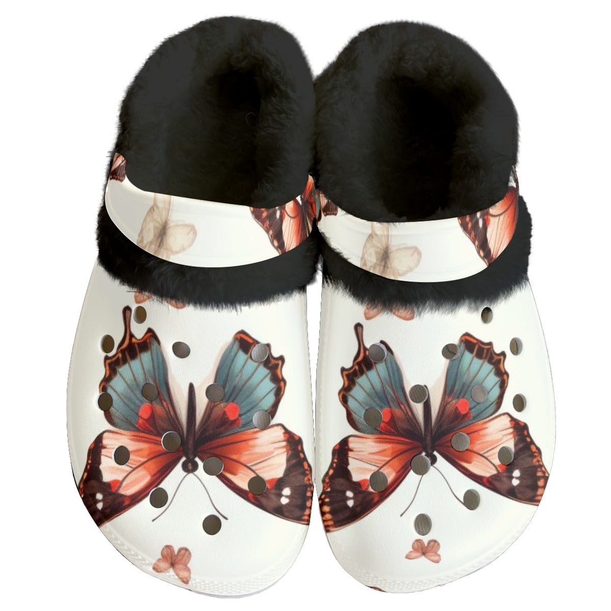 Ptahra B Women's White/Brown/Butterfly Classic Clogs with Fleece