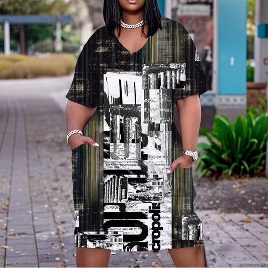 Ptahra B Women's Black/Green/White Graphic Word Art V Neck Short Sleeve Dress/Plus Size