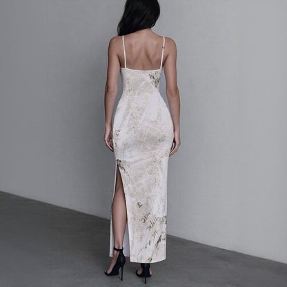 Ptahra B Women's White/Rustic Faded Letter Design Long Dress with Slit