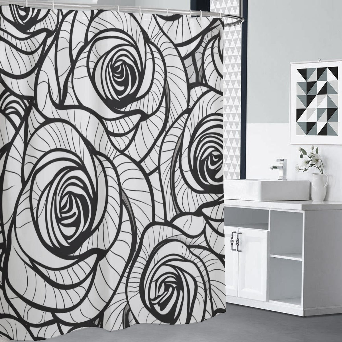 Ptahra White/Black Rose Floral Shower Curtains