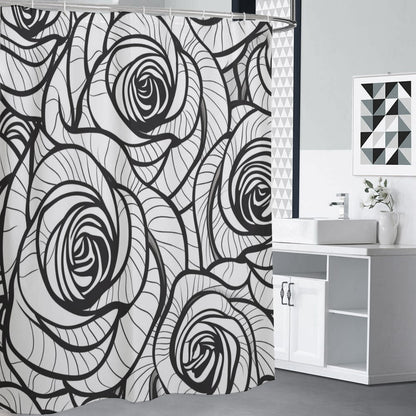 Ptahra White/Black Rose Floral Shower Curtains