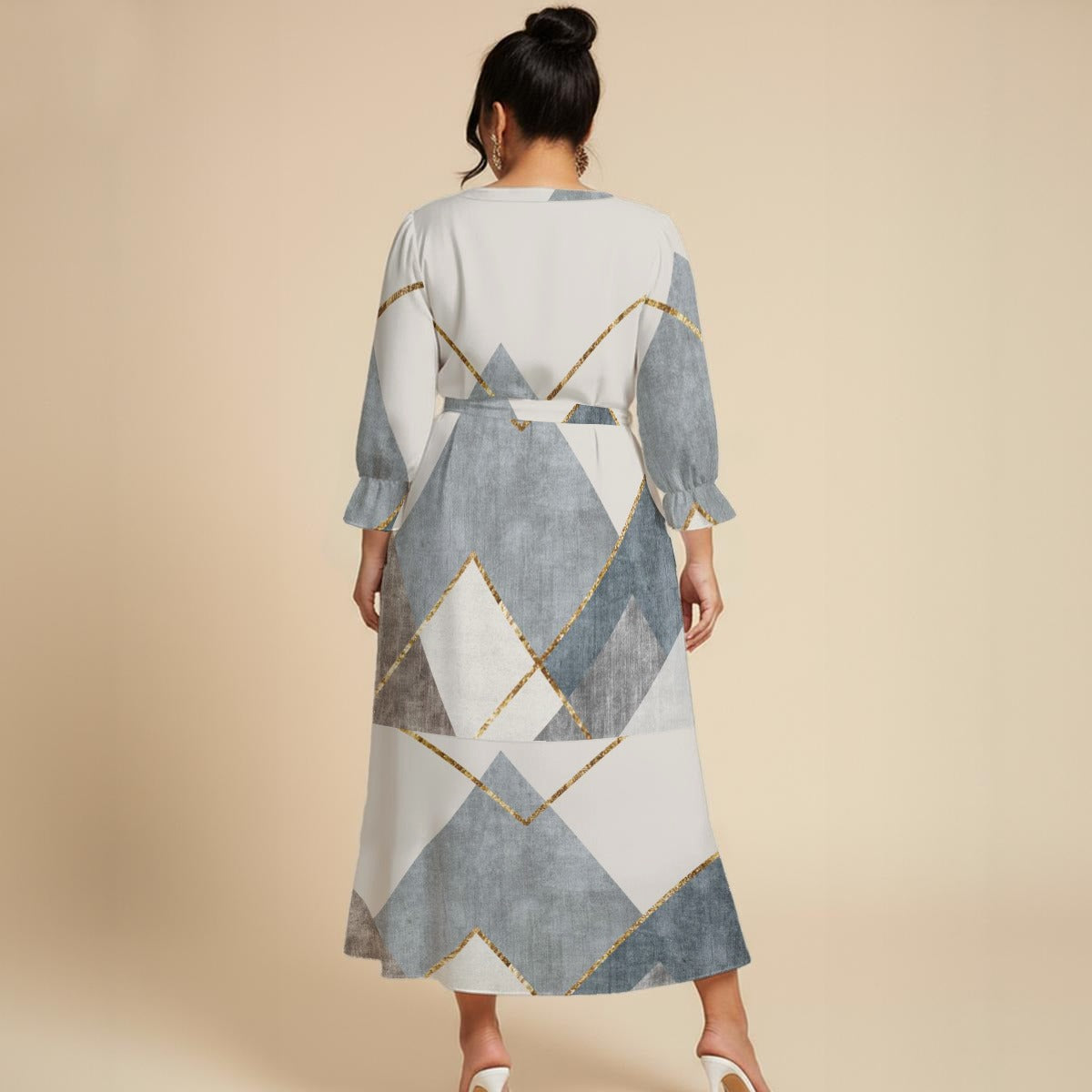 Ptahra Women’s Beige/Grey with Gold Maxi Dress