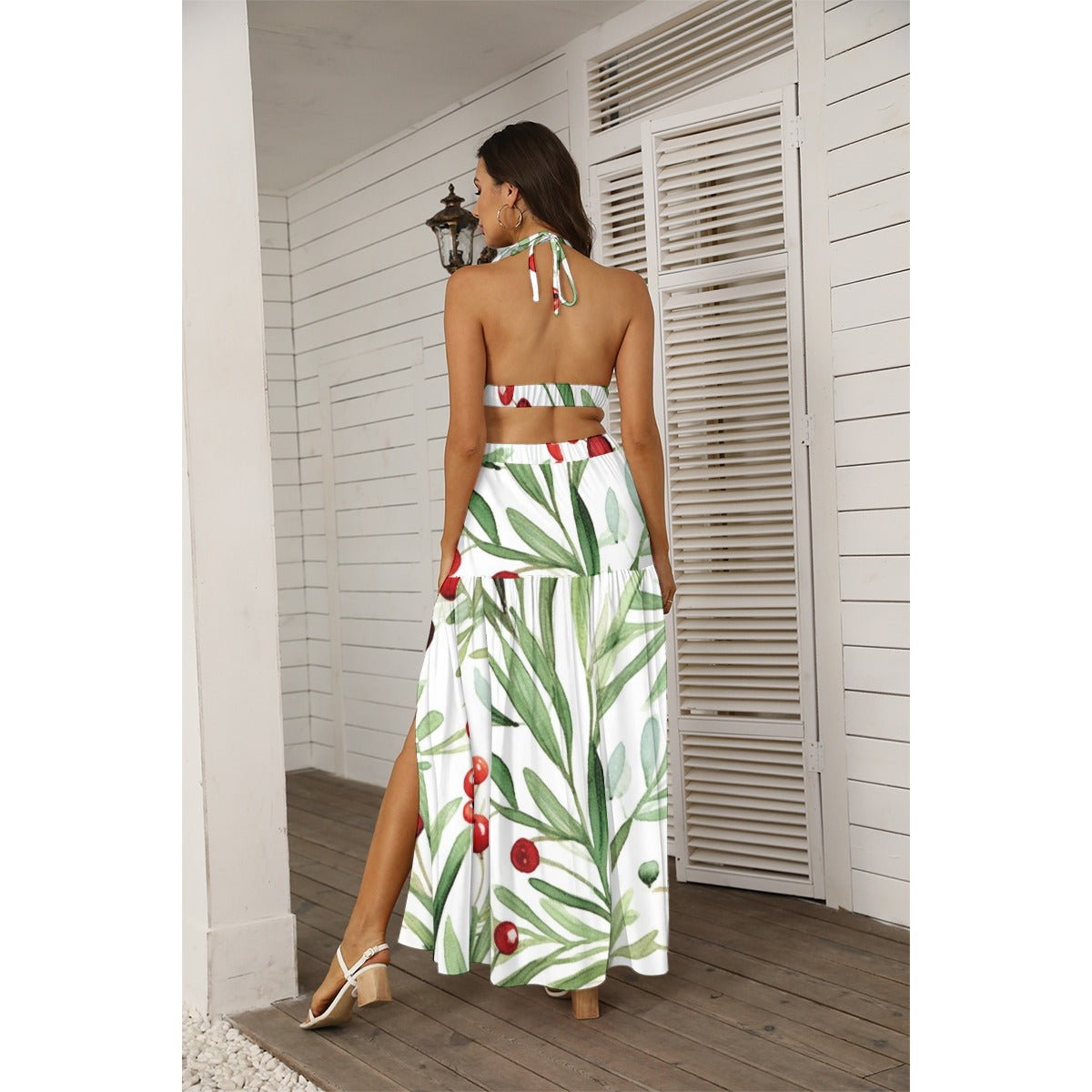 Ptahra B Women's White/Leaf Pattern Tie Back Wrap Dress