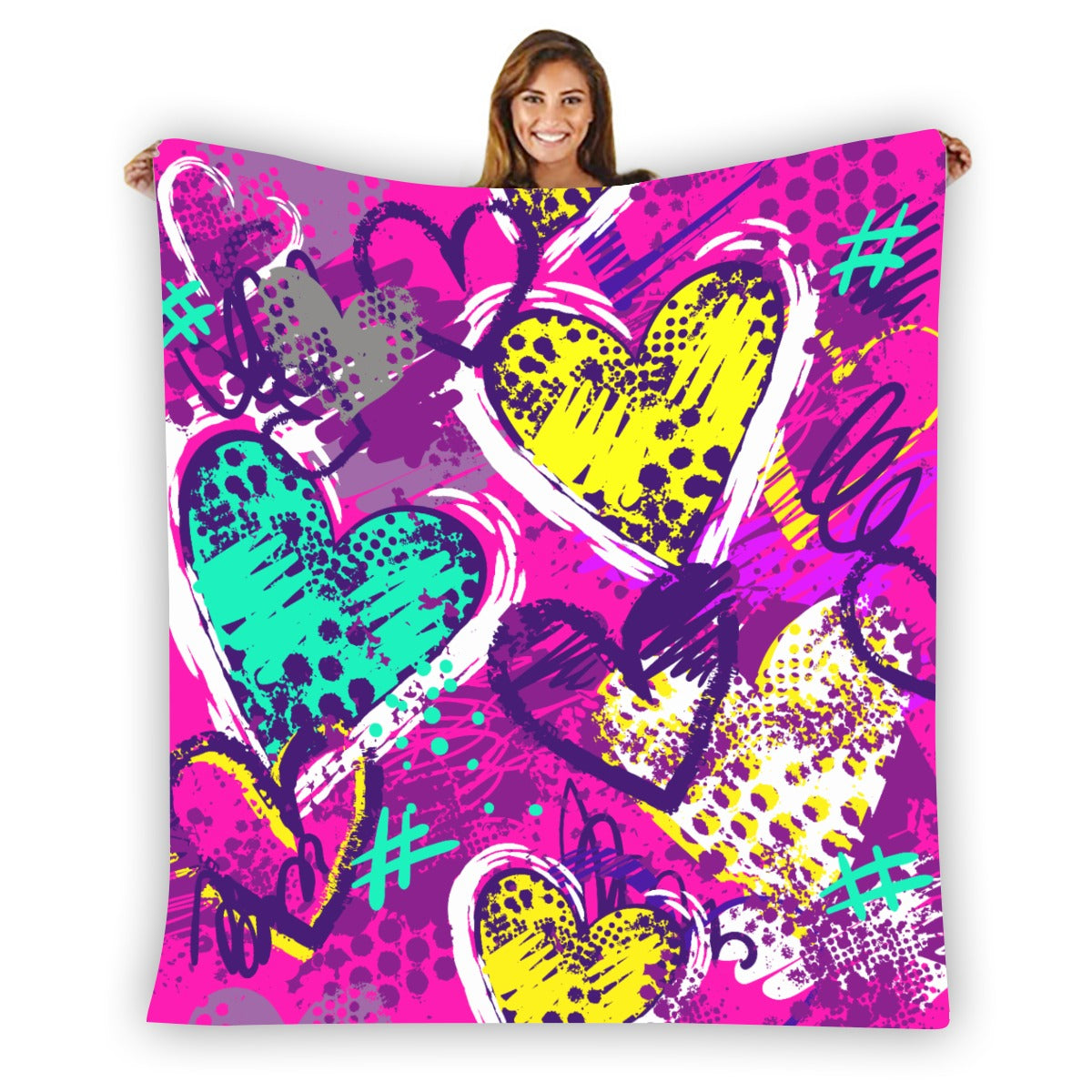 Ptahra Bright Pink/Purple Multi-Color Heart Pattern Single-Side Flannel Blanket