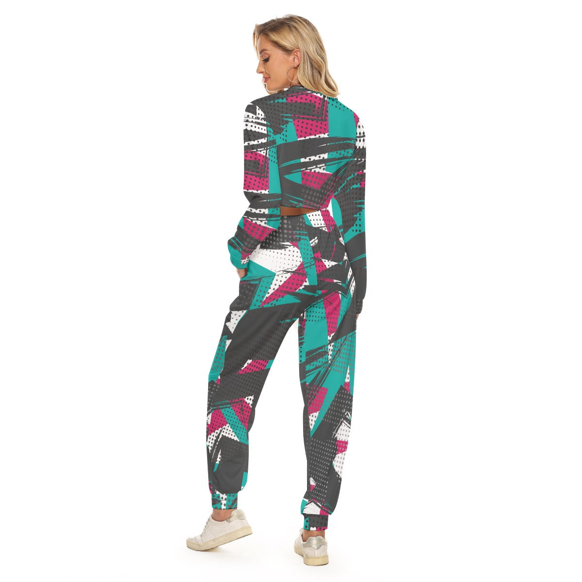 Ptahra B Women Faded Multi-Design Crop Sweatshirt Suit