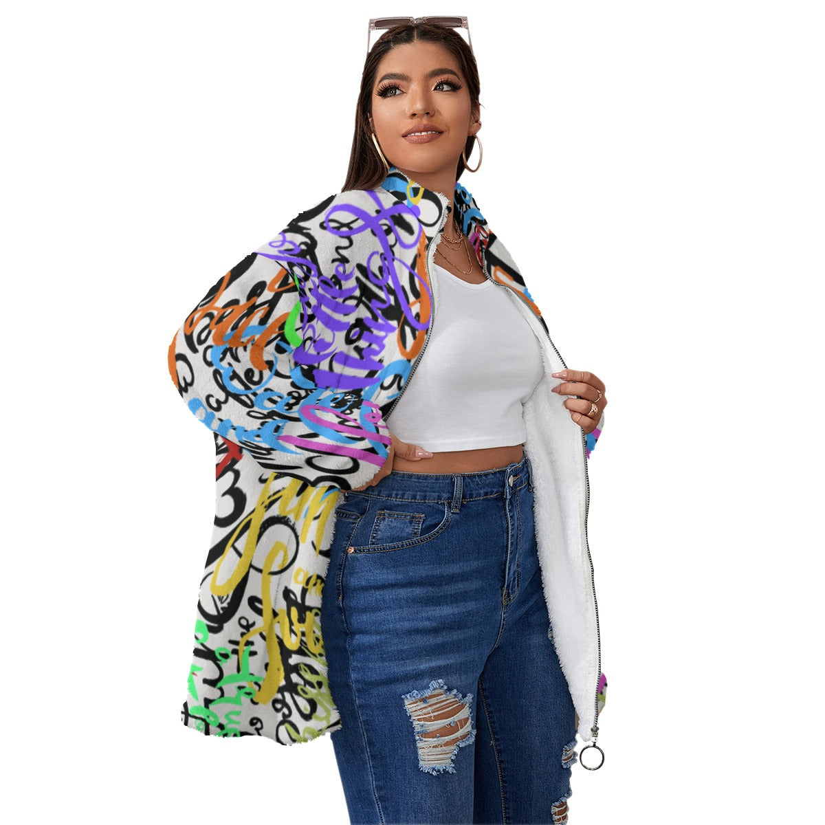 Ptahra B Graphic Borg Fleece Stand-up Collar Coat With Zipper Closure(Plus Size)