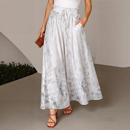 Ptahra Women's Grey/White Floral Ruffled Wide-Leg Pants