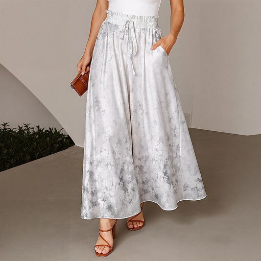 Ptahra Women's Grey/White Floral Ruffled Wide-Leg Pants