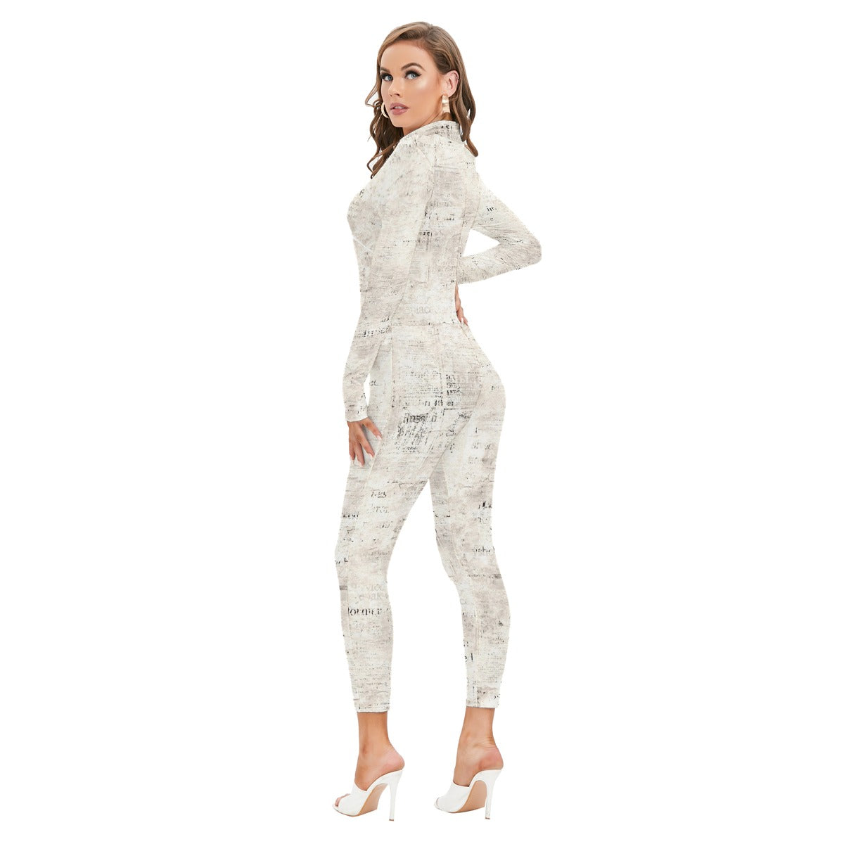 Ptahra B Women's Off-White Vintage look Long-sleeved High-neck Jumpsuit with Zipper