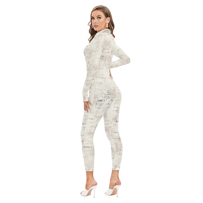 Ptahra B Women's Off-White Vintage look Long-sleeved High-neck Jumpsuit with Zipper