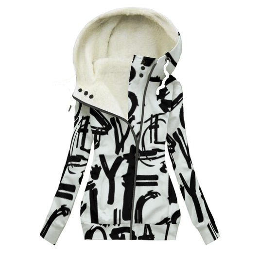 Ptahra Women's Modern White/Black Graphic Lettering Long Jacket With Fleece Lining