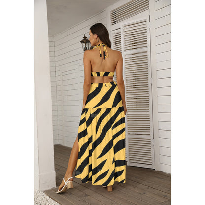 Ptahra B Women's Yellow/Black Zebra Pattern Tie Back Wrap Dress
