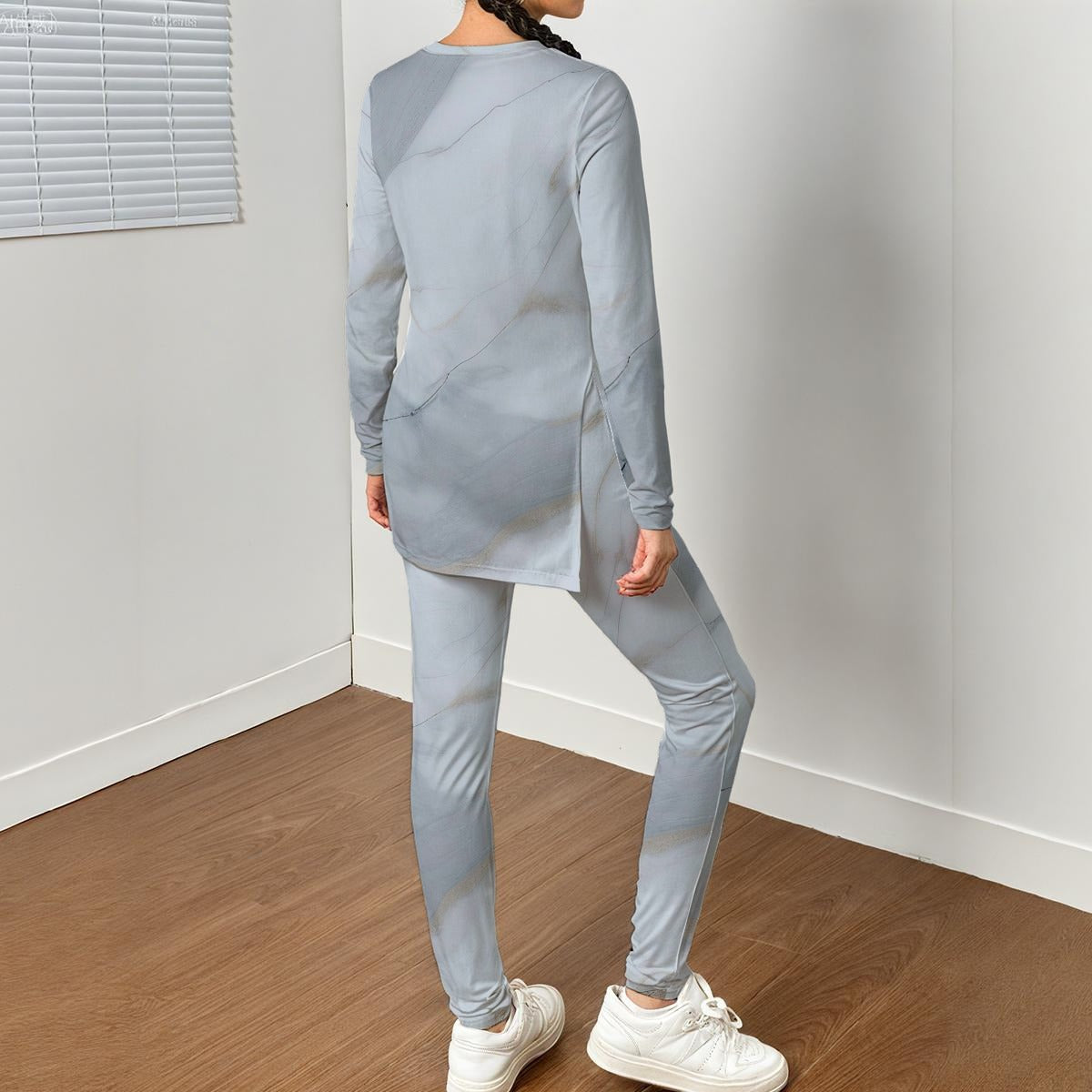 Ptahra B Women's Grey Stone Pattern Side Split T-shirt Set