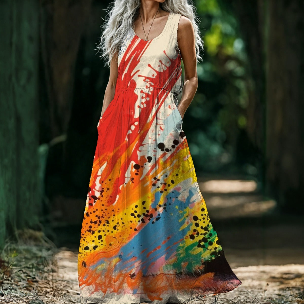 Ptahra B Women’s Bright Splash Paint Sleeveless Maxi Dress
