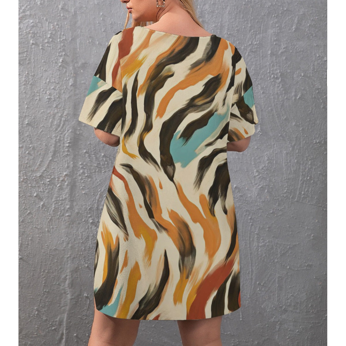 Ptahra B Women's Multi-Color Art Drop-Shoulder T-Shirt with Side Split and Shorts