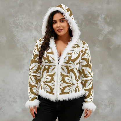 Ptahra Women's Brown/White Leaf Floral Pattern Faux Fur Trim Hooded Jacket | Velvet