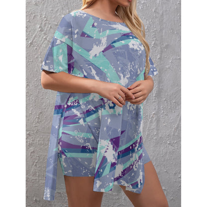 Ptahra B Women's Blue/Purple/White Splat Design Drop-Shoulder T-Shirt with Side Split and Shorts