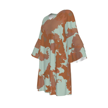 Ptahra B Women's soft Green/Brown Stacked Ruffle Sleeve Dress