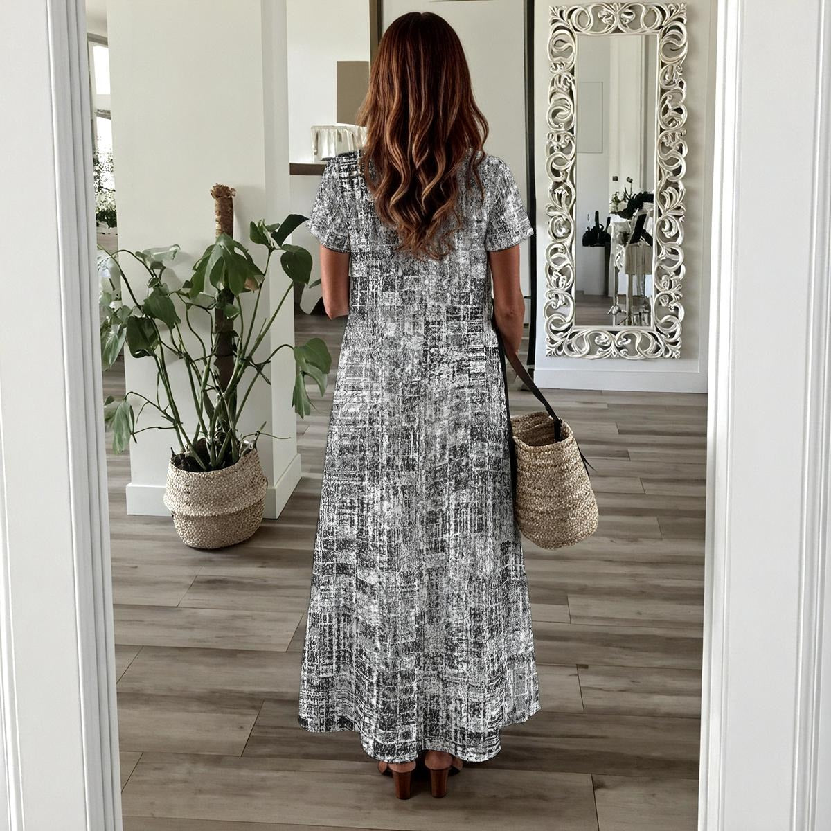 Ptahra Women's Grey/White Pattern Long Dress