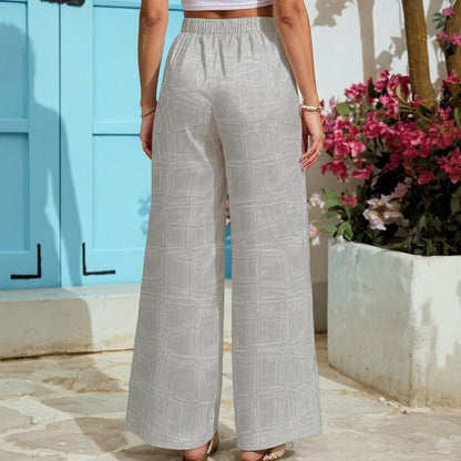 Ptahra Women's Light Grey Turtle Scale Pattern Lightweight Wide-Leg Pants With Pockets