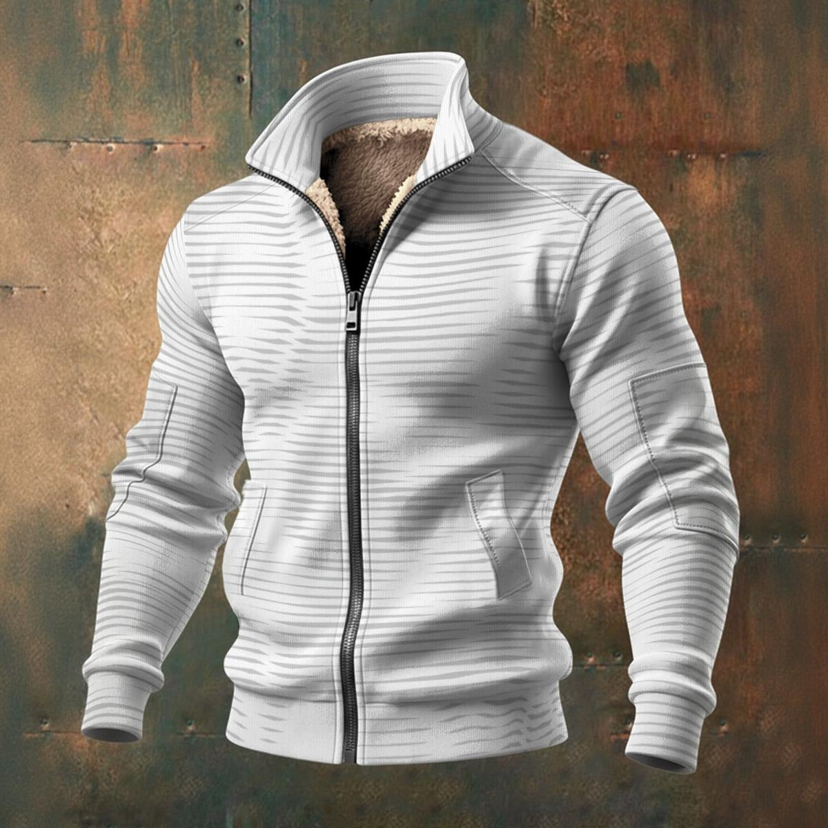 Ptahra Men's Grey Line Pattern Thick Knit Fleece Jacket