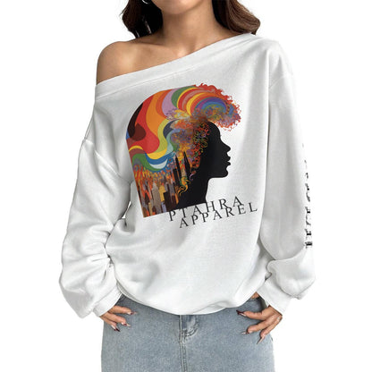 Women's Off-Shoulder White/Colorful Hair Art "Ptahra Apparel" Sweatshirt with Micro-Fleece Lining