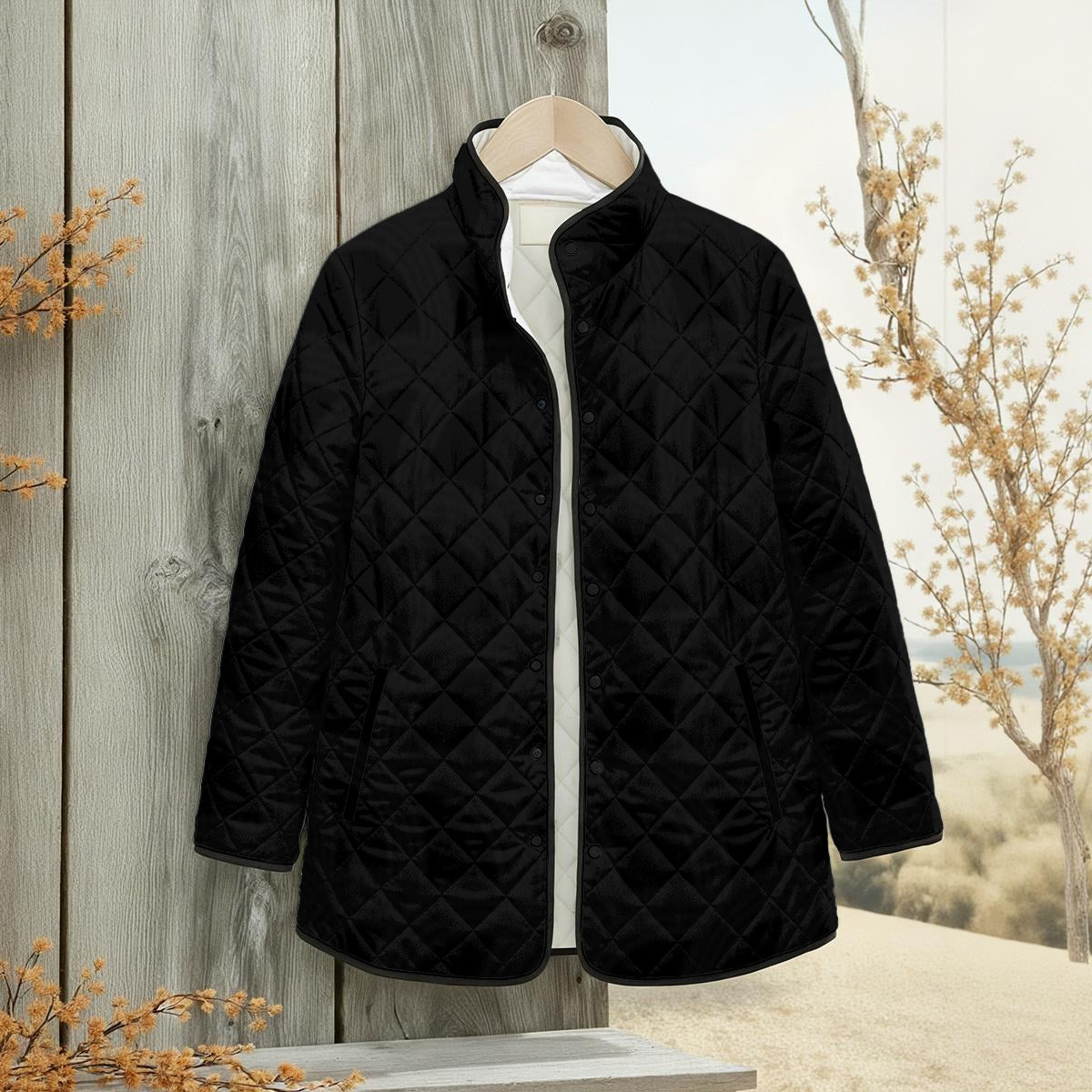 Ptahtra Women's Black Quilted Jacket with Side Slits