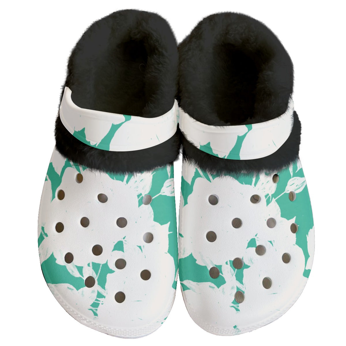 Ptahra B Women's White Floral on Green Classic Clogs with Fleece