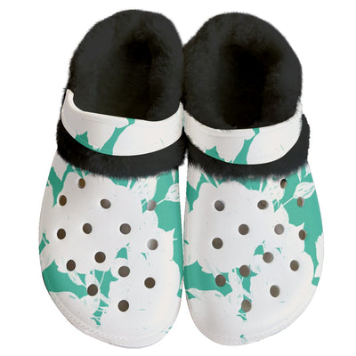 Ptahra B Women's White Floral on Green Classic Clogs with Fleece