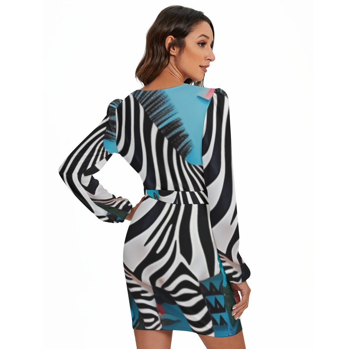 Ptahra B White/Black Zebra Style Line with Blue Women's Long Sleeve Dress with Waist Belt