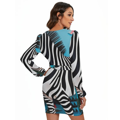 Ptahra B White/Black Zebra Style Line with Blue Women's Long Sleeve Dress with Waist Belt