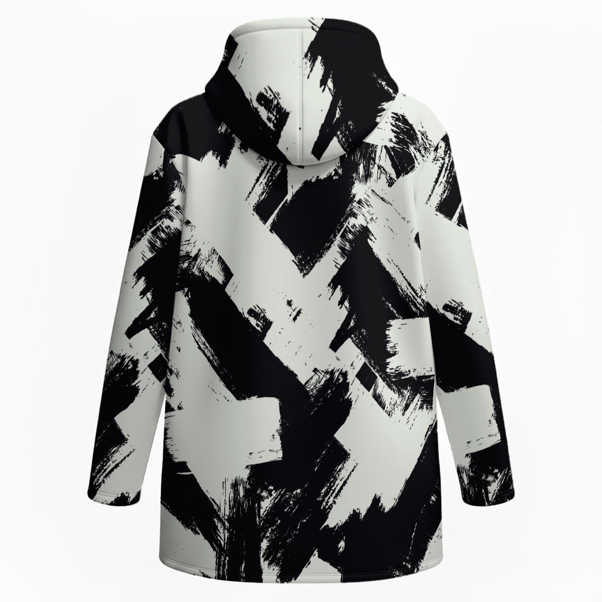 Ptahra Women’s Off White/Black Artistic Stroke Design Plush Lined Hoodie Jacket