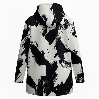 Ptahra Women’s Off White/Black Artistic Stroke Design Plush Lined Hoodie Jacket