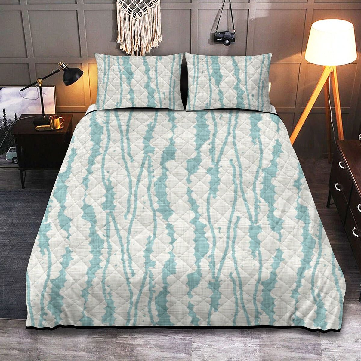 Ptahra B Turquoise Green Design Quilt & Pillow Cases With  Edge-wrapping Strips