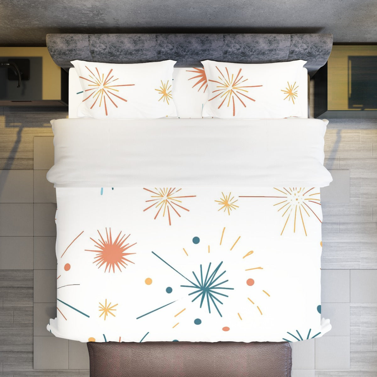 Ptahra Off White/Multi-Color Fireworks Four-piece Duvet Cover Set