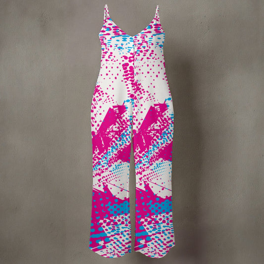 Ptahra B Women’s white/Deep Pink/Baby Blue Spaghetti Strap Wide-Leg Jumpsuit