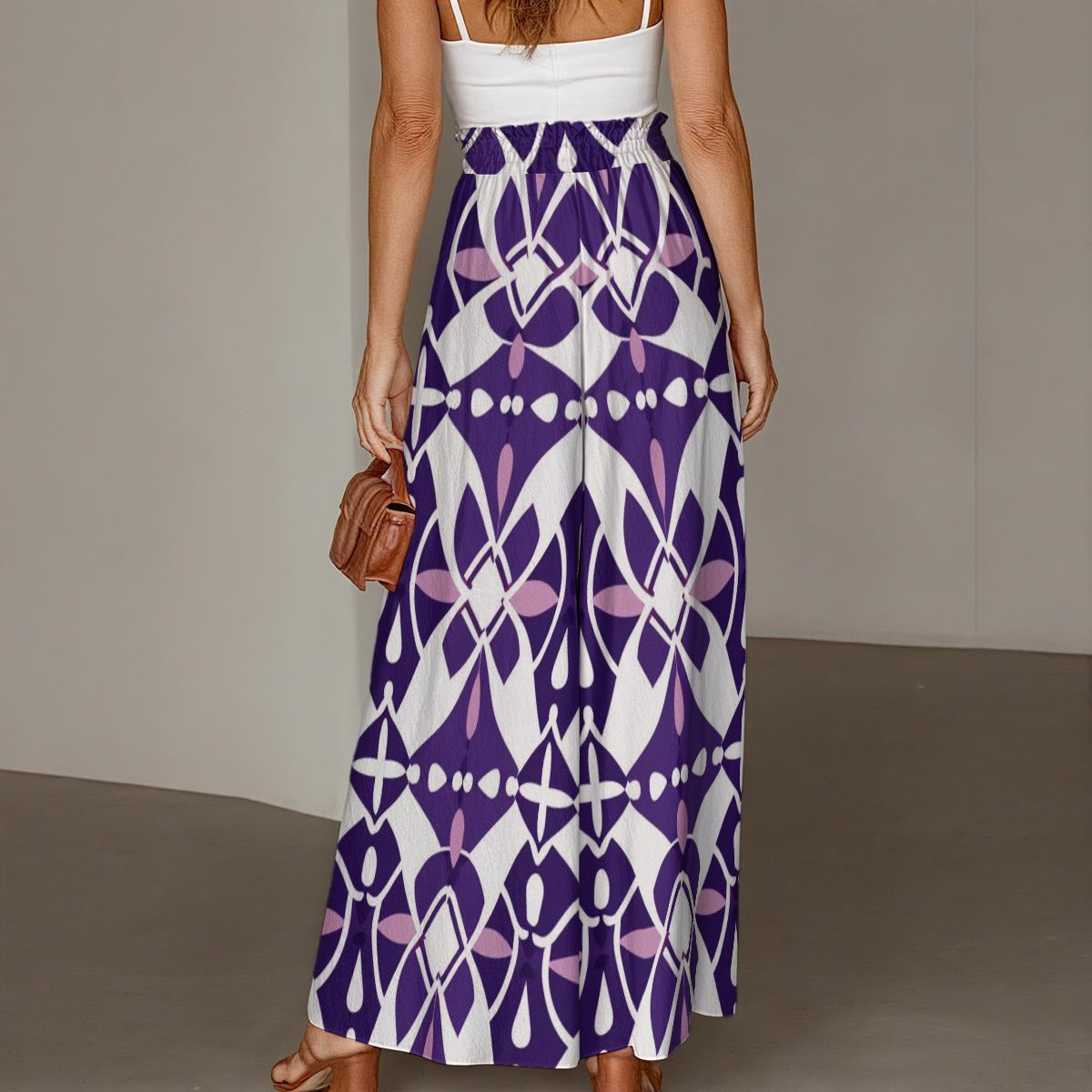 Ptahra  Women's Purple/White Pattern Ruffled Wide-Leg Pants