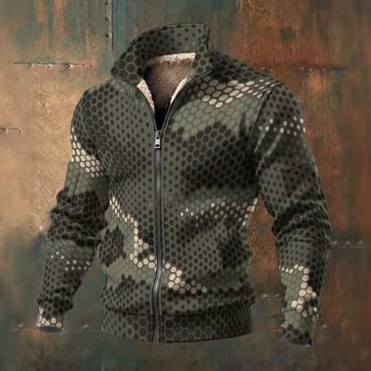 Ptahra Men's Green/Beige/Black Camo Artistic Style Thick Knit Fleece Jacket