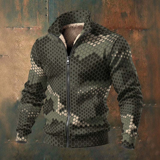 Ptahra Men's Green/Beige/Black Camo Artistic Style Thick Knit Fleece Jacket