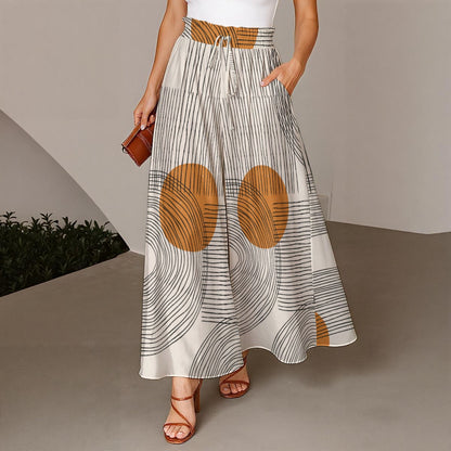 Ptahra Women's Light Brown Circle/Black Line Design Ruffled Wide-Leg Pants