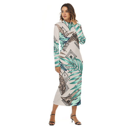 Ptahra B Light Beige/Green Leaf/Diamond Pattern Women's Hip Dress