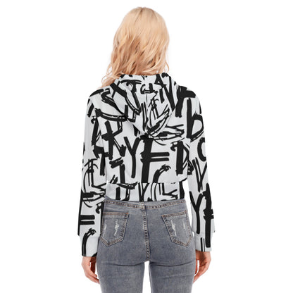 Ptahra B Women's White/Black Lettering Pattern Crop Top Hoodie with Zipper Closure